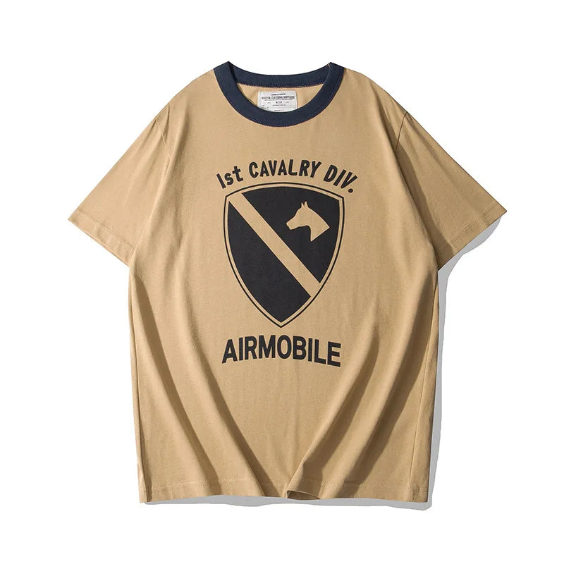 Summer Short Sleeved Men'S Military Retro Cavalry Division Letter Printing Casual Cotton Breathable Color Matching Round Neck