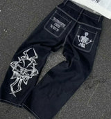 american fashion pattern embroidery loose women street y2k new hip hop punk oversized mopping wide leg pants couple casual jeans unique jeans style 3076