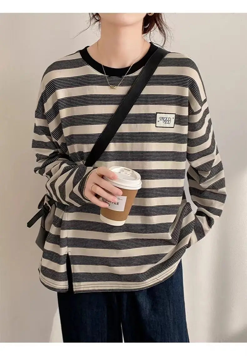 Y2k Vintage print – Design Niche Slit Striped Bottoming Shirt Women Autumn And W