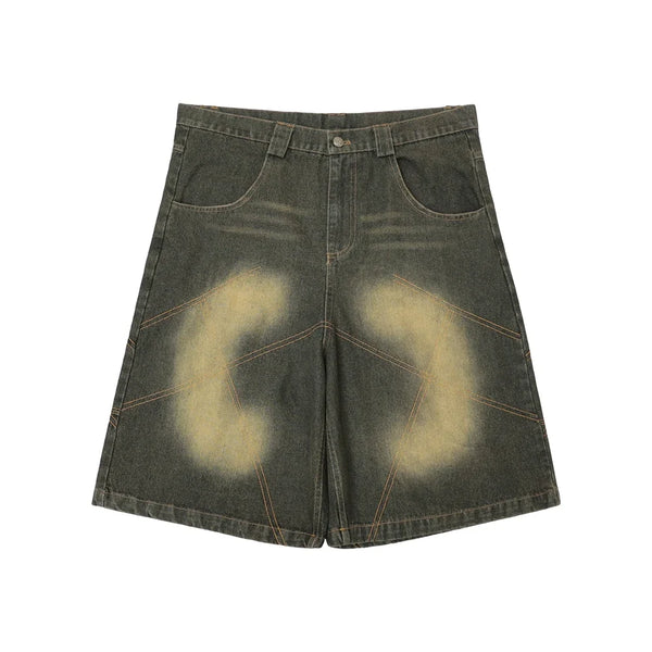 color match pocket washed baggy jeans shorts for men and women wide leg streetwear casual over knee length denim pants ripped baggy denim