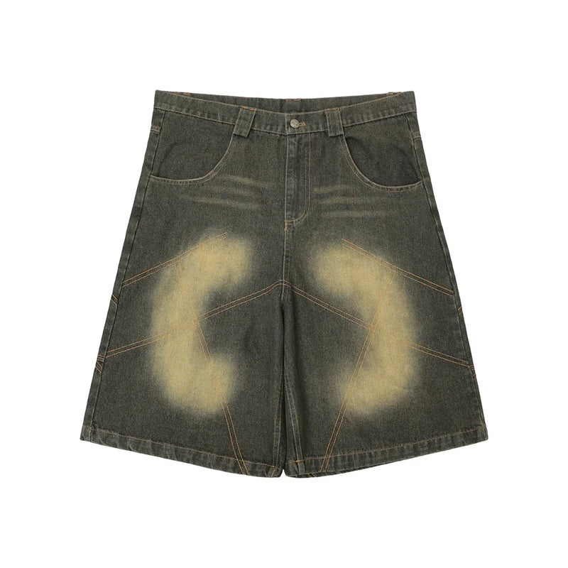 color match pocket washed baggy jeans shorts for men and women wide leg streetwear casual over knee length denim pants ripped baggy denim