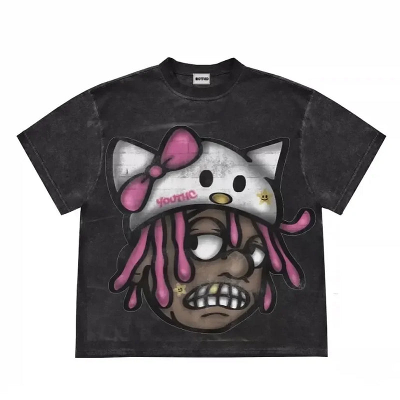 Harajuku Gothic Cartoon Graphic T Shirt Anime Print Streetwear Y2K Oversized TShirt Men Women Round Neck Cotton Short Sleeve Top