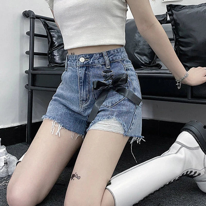 high waist women denim shorts summer fashion bow loose shorts korean casual female streetwear all match ripped pants unique jeans style 1310