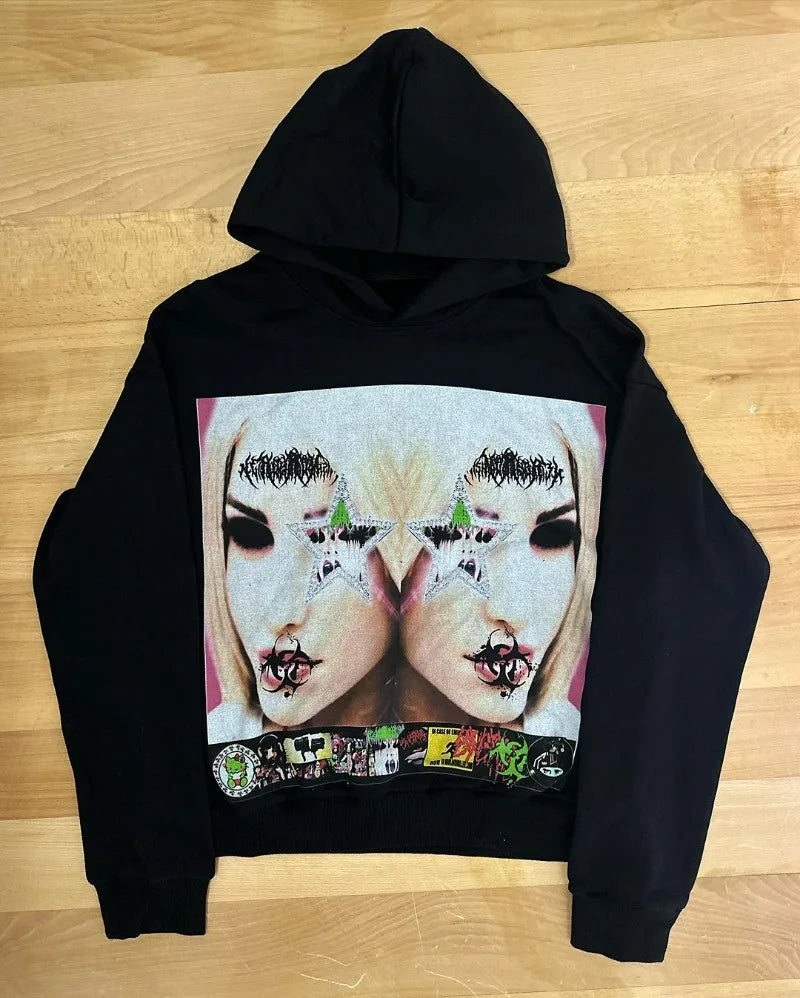 Y2K American Street Fashion Anime Letter Graffiti Print Oversized Hood