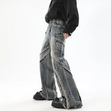 high street jeans mens spring autumn rough edge splicing design trendy denim pants multiple pockets punk cowboy flared trousers stacked flare jeans