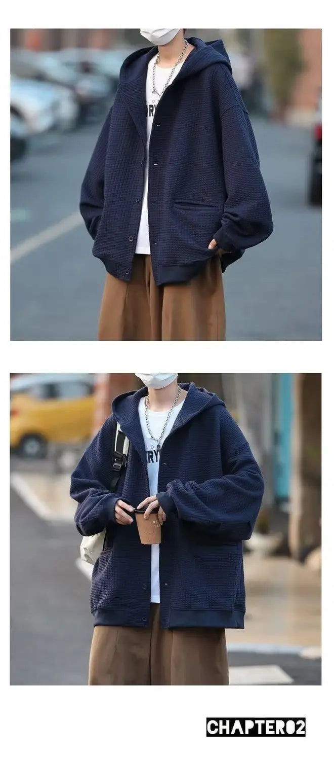 Korean Retro Y2K Waffle Hooded Jacket for Men and Women Ins Harajuku Style Casual Loose Couple Wear Cardigan Sweatshirt
