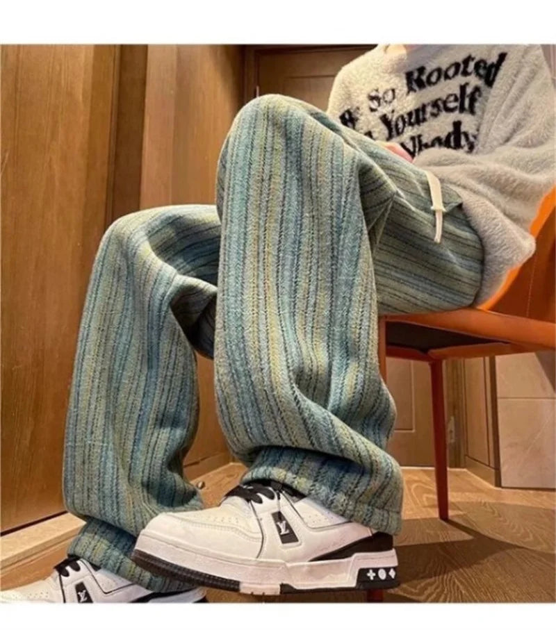 autumn striped woolen straight leg pants for men classic y2k vintage baggy trousers new casual high street fashion sweatpants unique joggers style 281