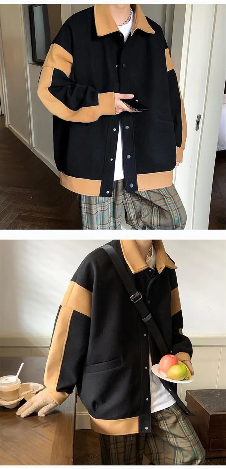 Winter Contrasting Color Splicing Jacket Mens Loose And Versatile Thic