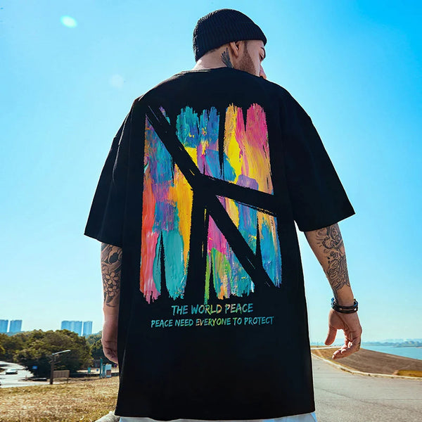 Skatercore Vintage anime – Summer Colorful Graffiti Print Oversized T Shirt For Men Hip