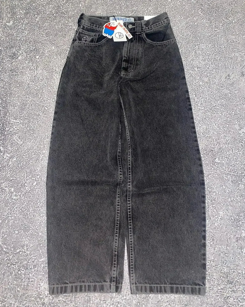 retro deep blue polar big boy baggy jeans mens women gothic wide leg trouser y2k hip hop cartoon embroidery streetwear jeans unique jeans style 4008