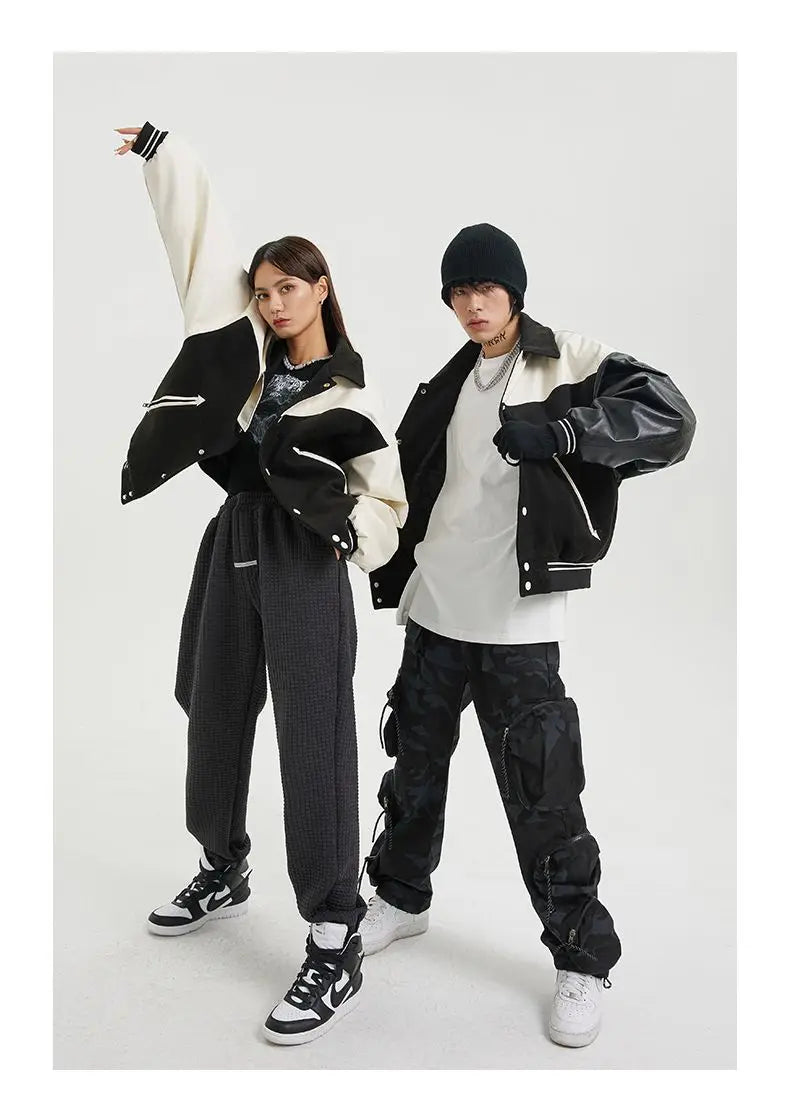 Korean Retro Street PU Leather Patchwork Baseball Jacket Men Autumn Trendy