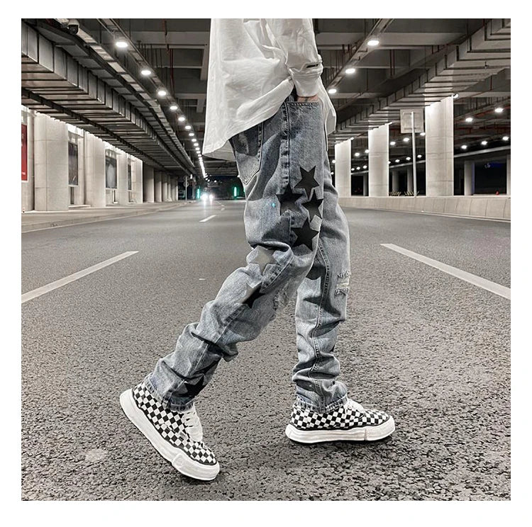 fashion ripped destroied jeans trousers distressed biker jeans with stars high street slim pants joggers denim jeans for men unique joggers style 3258