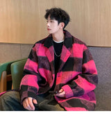 Plaid Woolen Trenchcoat Men Autumn Winter Fashion Retro Streetwear Suit Collar Loose Casual Trendy Trench Coat Outerwear