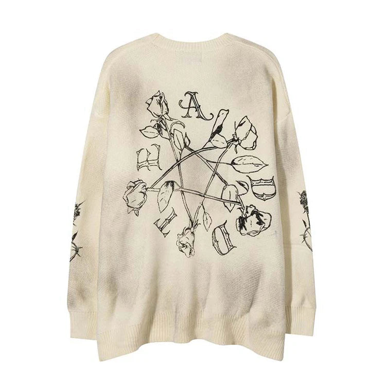 hip hop knitted sweater streetwear mens letter rose printed punk gothic oversized o neck pullover jumpers harajuku loose tops unique limited edition hoodie, aesthetic street look hoodie, oversized graphic print design
