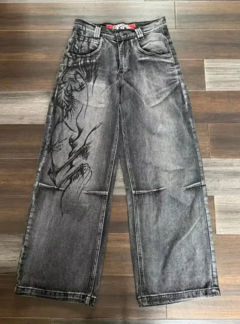 american y2k new fashion pattern embroidered spot straight jeans men street hip hop retro loose wide leg pants couple punk jeans unique jeans style 2928