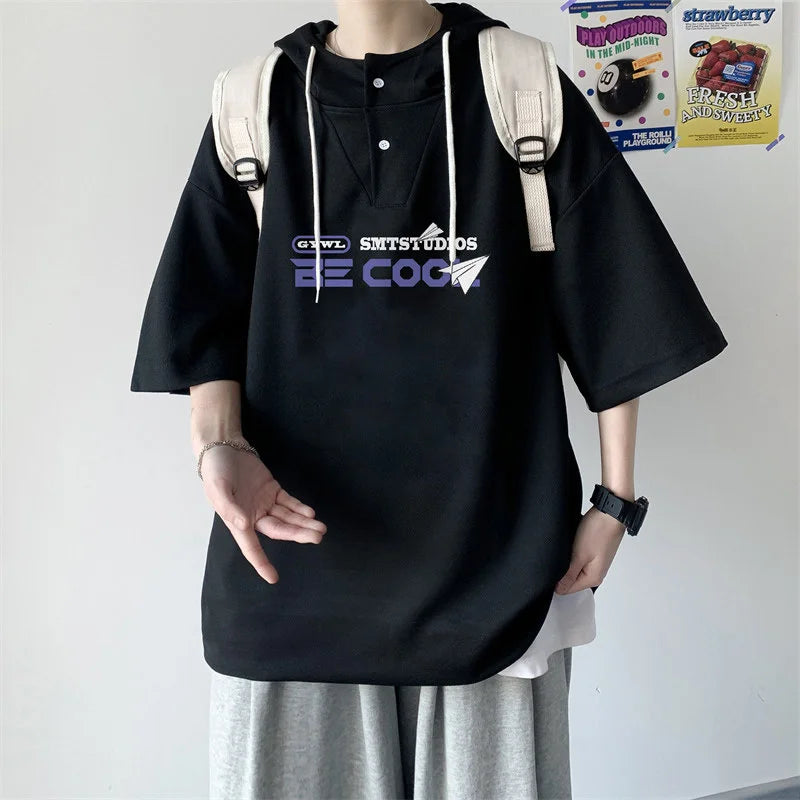 Harajuku Vintage anime – New Mens Casual Hooded Y2K T Shirt Summer Short Sleeve
