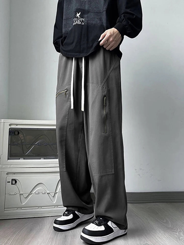 new korean fashion cargo straight pants for men autumn casual zipper pocket drawstring trousers classic tactical y2k pantalones unique cargo style 246