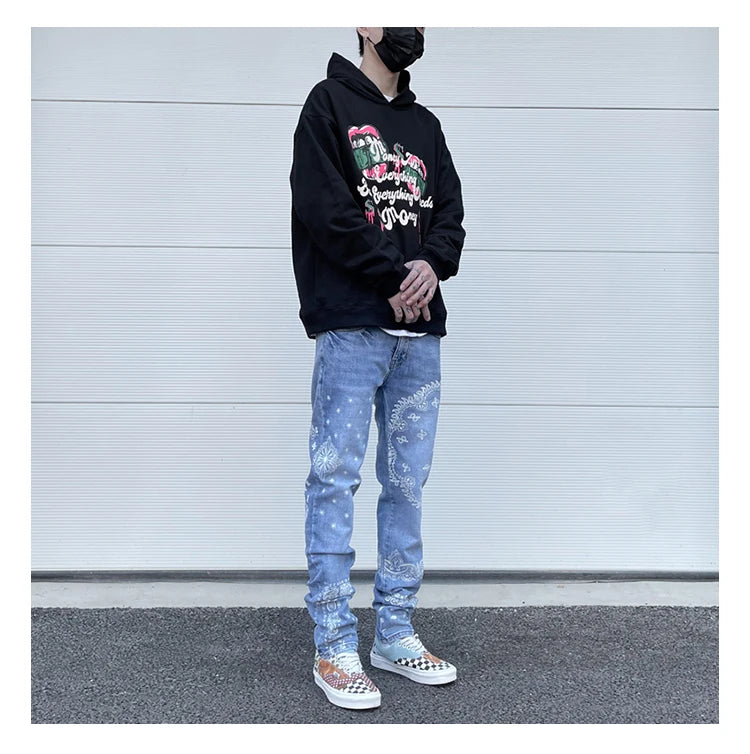 mens high street paisley print denim jeans casual hip hop distressed jeans slim fit skinny denim pants joggers streetwear men unique joggers style 1239