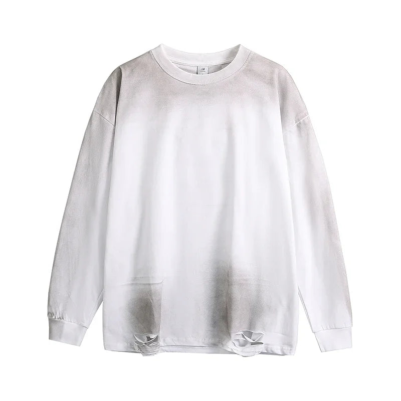 Vaporwave Barcode glitch – Mens Streetwear Hole Washed Cotton Long Sleeve Loose Casual