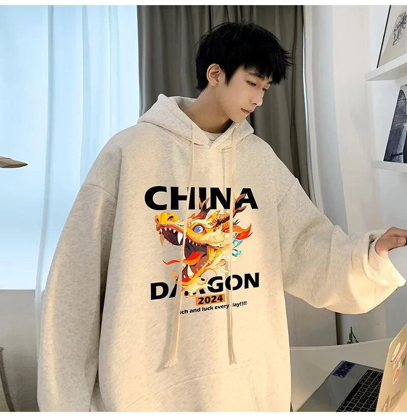 2024 New China Dragon Graphic Hoodies Men Hip Hop Streetwear Hoodie