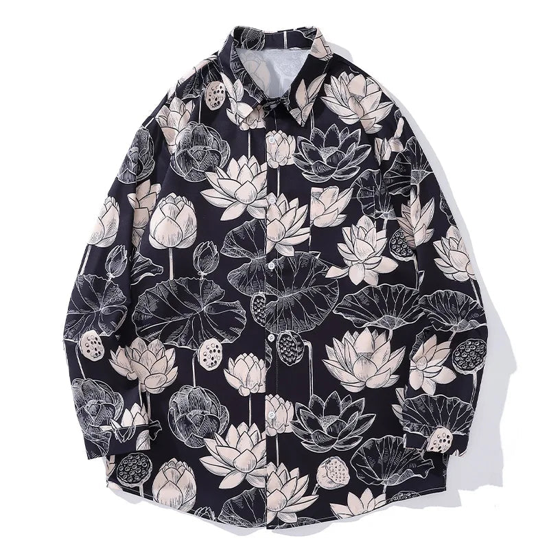 Men’s Urban Zip Shirt – High Street Lotus Flower Graffiti Printed Long Sleeve Shirts For Men Autumn New Fashion Lapel Button Shirt Oversized All Match | Button Shirt Drop #419