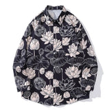 Men’s Urban Zip Shirt – High Street Lotus Flower Graffiti Printed Long Sleeve Shirts For Men Autumn New Fashion Lapel Button Shirt Oversized All Match | Button Shirt Drop #419