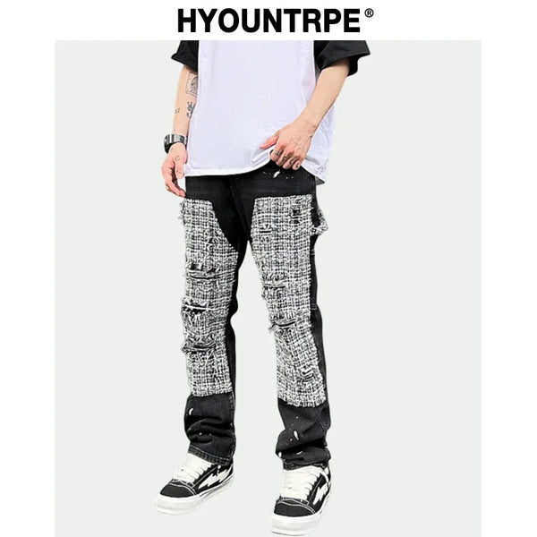 ripped holes patchwork denim jeans mens high street zipper straight jeans hip hop streetwear casual loose joggers jeans pants relaxed fit joggers
