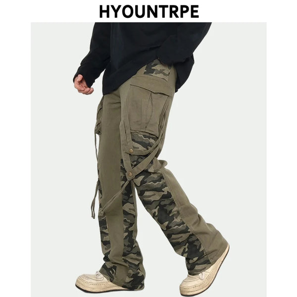 men patchwork camouflage cargo pants streetwear side pockets harajuku joggers unisex hip hop baggy loose straight flare trousers urban active pants