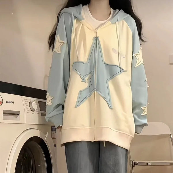 Spring Autumn Streetwear Star Graphic Zip Up Hoodie Women Vintage Y2K