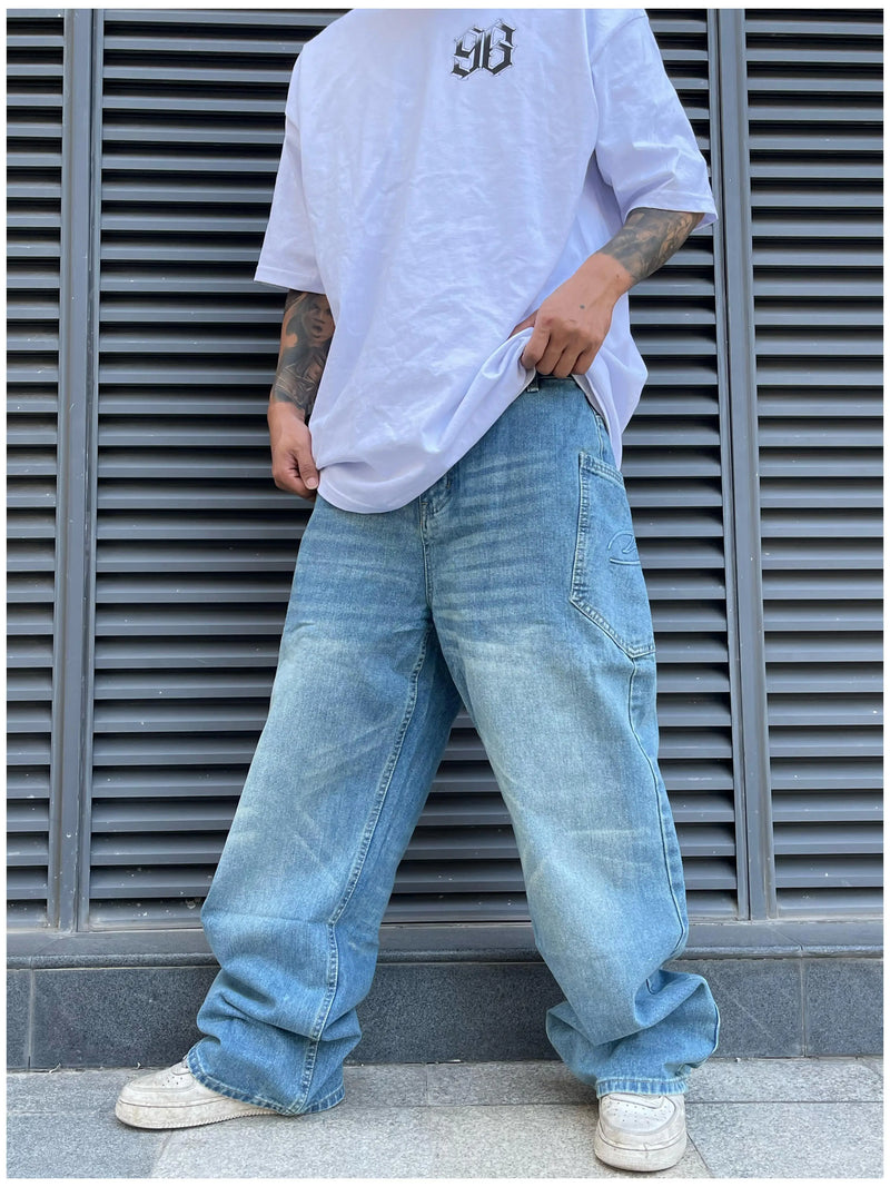 fashion loose streetwear denim jeans pants unisex casual side pocket wide legs jean trousers hip hop joggers mens baggy jeans unique joggers style 1767
