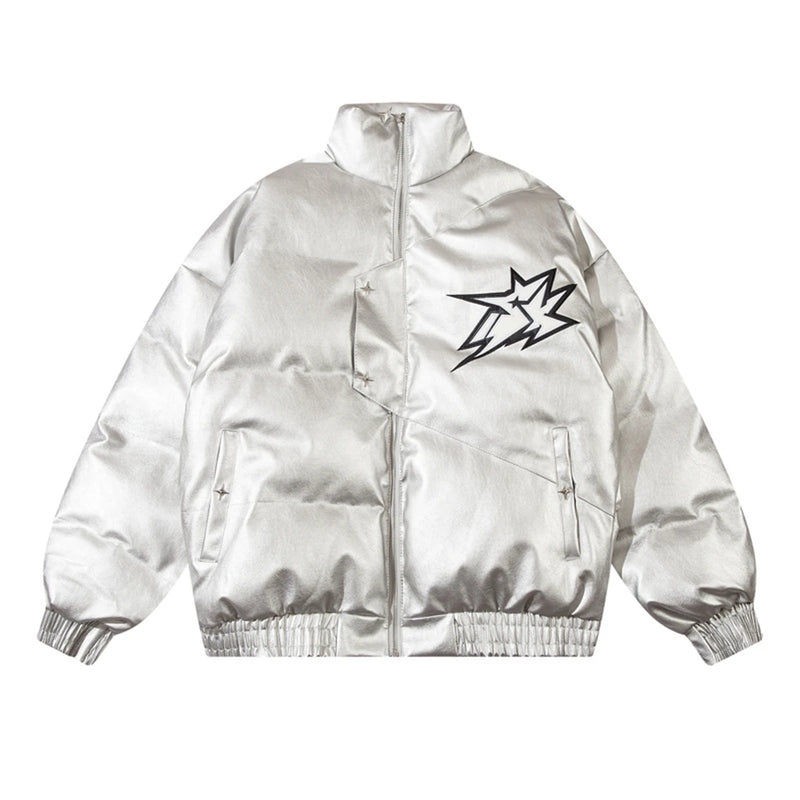 Men Waterproof Warm Jacket Winter Vintage PU Leather Parkas Embroidery Letter Thick Padded Coat Streetwear Hip Hop Loose Parka