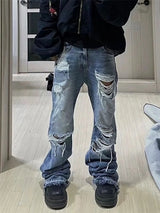 vintage ripped flared jeans blue straight baggy jeans trousers streetwear luxury loose casual distressed denim pants male unique jeans style 603