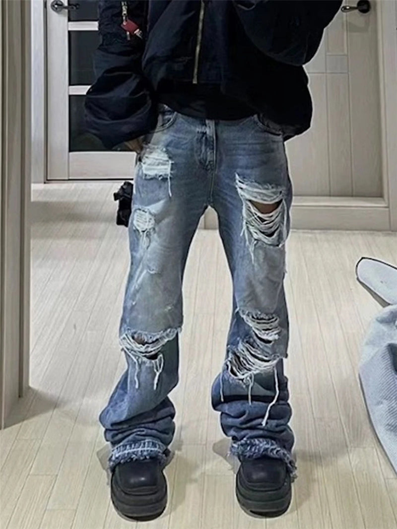 vintage ripped flared jeans blue straight baggy jeans trousers streetwear luxury loose casual distressed denim pants male unique jeans style 603