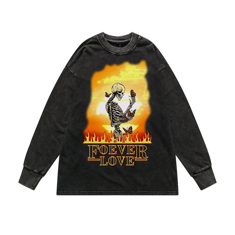 Rainbowtouches Men's Sweatshirts Hip Hop Comfortable Popular Pattern Vintage Street Wear Black Skulls Printing Long Shirts