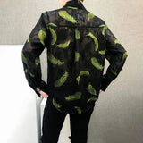 Mens Feather Embroidery Sexy Mesh Perspective Long-Sleeved Shirt Autumn Genderless Fashion Nightclub Hollow Thin Top Unisex