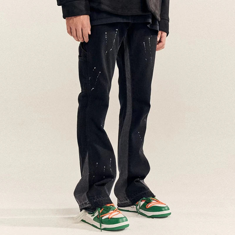 high street retro spotted ink contrast color flared jeans pants male wide leg plus size patchwork ripped denim trousers denim street jeans