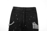 black white checkered patchwork straight leg denim trousers men hip hop splashed ink logging pants jeans slim fit washed torn unique jeans style 572