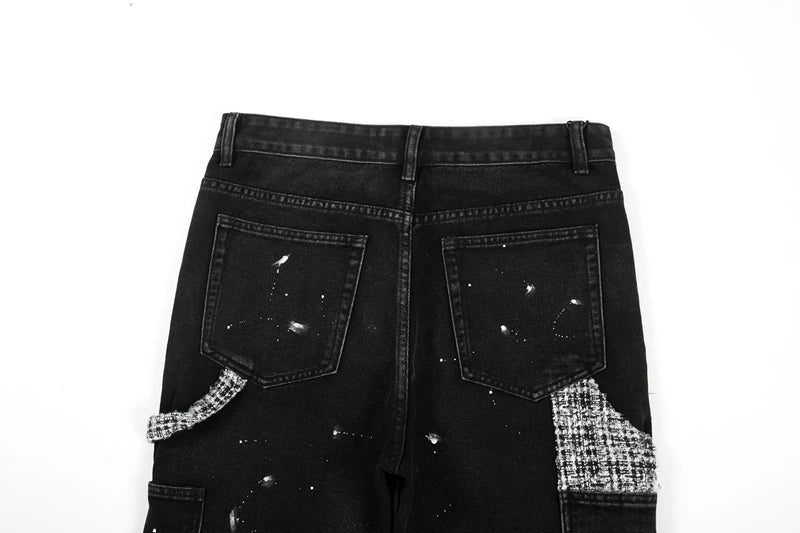 black white checkered patchwork straight leg denim trousers men hip hop splashed ink logging pants jeans slim fit washed torn unique jeans style 572