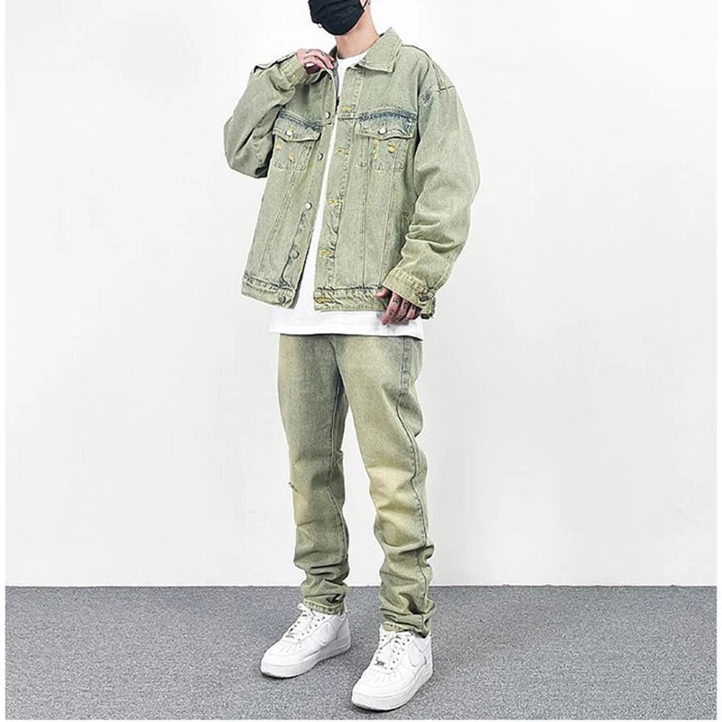 High Street Washed Hole Frayed Yellow Mud Jeans Men's Harajuku Retro Straight Pockets Solid Color Baggy Casual Denim Trousers