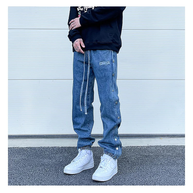 washed distressed denim sweatpant cashew flower patchwork oversized splice buckle jogging jeans casual button baggy men clothing unique joggers style 4361