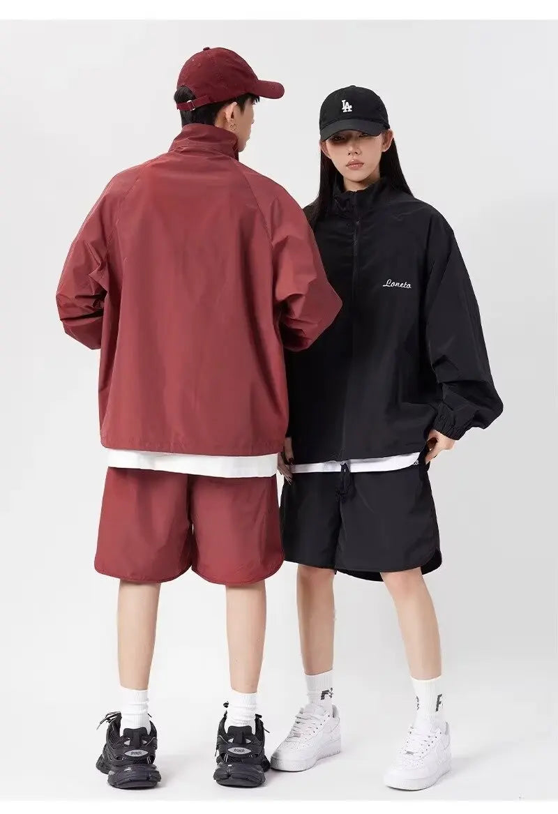 quick drying two piece set men loose casual street sweatshirt shorts y2k stand collar casual loose lightweight suits american unique shorts style 487