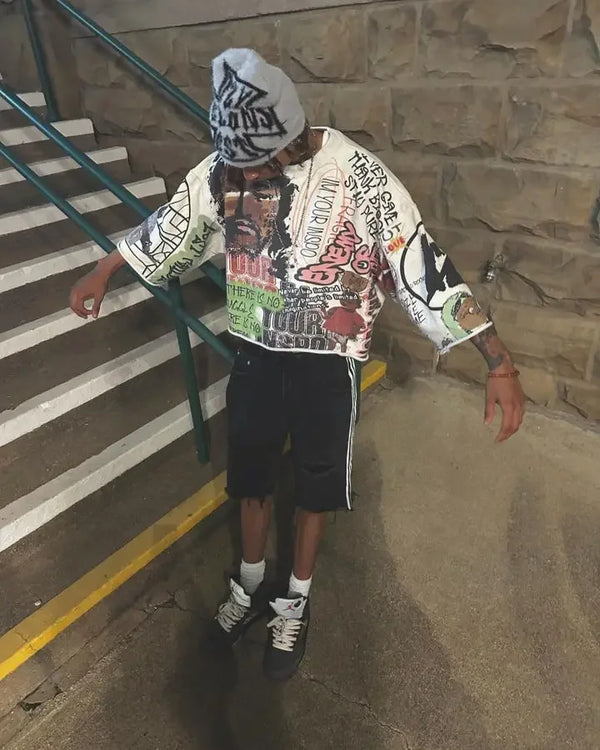 Hip Hop Graffiti Style Graphic Y2k T Shirts Mid Long Sleeve Men Women Punk Printed Harajuku Loose Oversized T Shirt