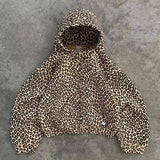 American Y2K New Fleece Padded Leopard Zipper Hoodie Women Street Fash