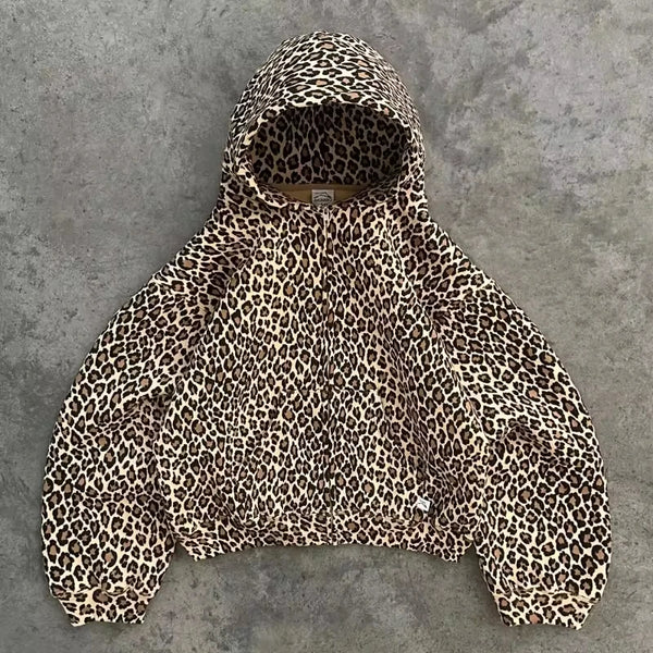 American Y2K New Fleece Padded Leopard Zipper Hoodie Women Street Fash