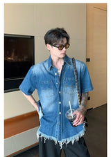 fashion high street mens set 2024 multi pocket short sleeved denim shirt casual straight leg pants 2 pcs set summer suit unisex unique jeans style 4491