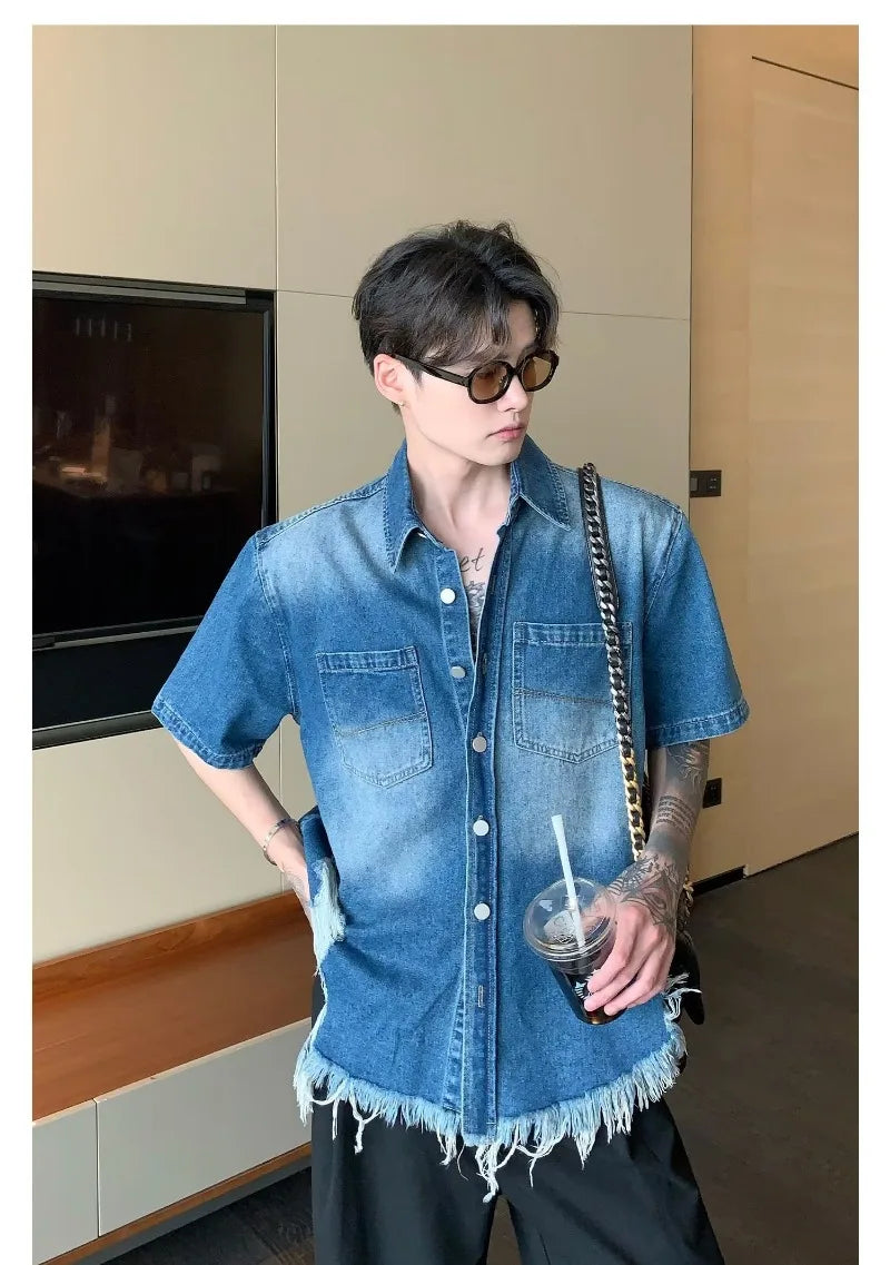 fashion high street mens set 2024 multi pocket short sleeved denim shirt casual straight leg pants 2 pcs set summer suit unisex unique jeans style 4491