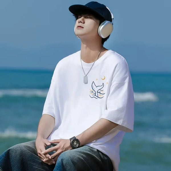 Skatercore Vintage anime – Kawaii Whale Tail Print T Shirt Men Hip Hop Fashion Cotton G