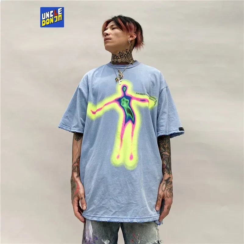 Vaporwave Aesthetic print tee – Distorted Portrait Printing Short Sleeved T Shirt Hip Hop Su