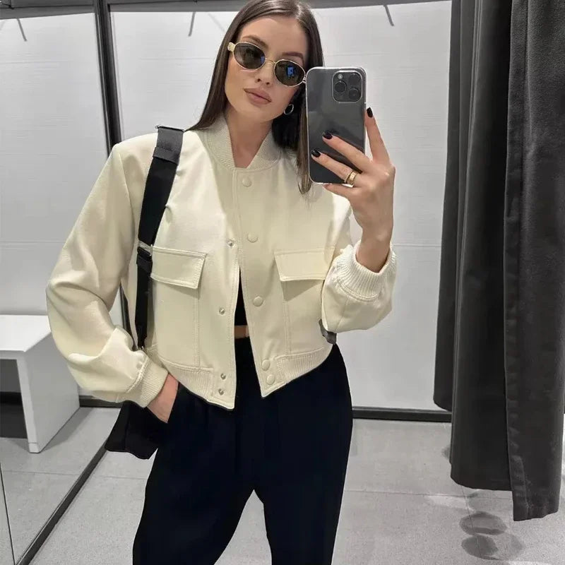 Women Bomber Jacket White Autumn And Winter Button Baseball Bomber Sho