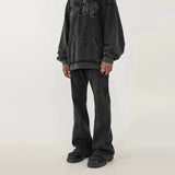 american ro black washed frayed flared jean high street trend personality vintage slim fit flare denim pants cleanfit distressed stacked flare jeans